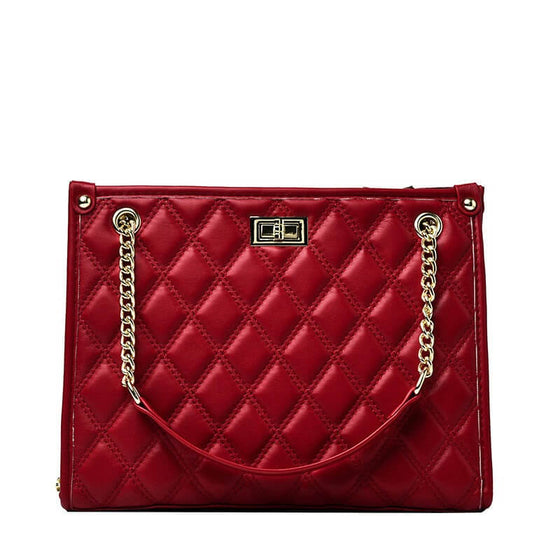 Women's stylish large-capacity red tote handbag with quilted design and gold chain strap.