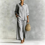 Casual cotton-linen shirt and wide-leg pants suit in multiple colors by FitiqueFit, featuring relaxed fit and breathable fabric.