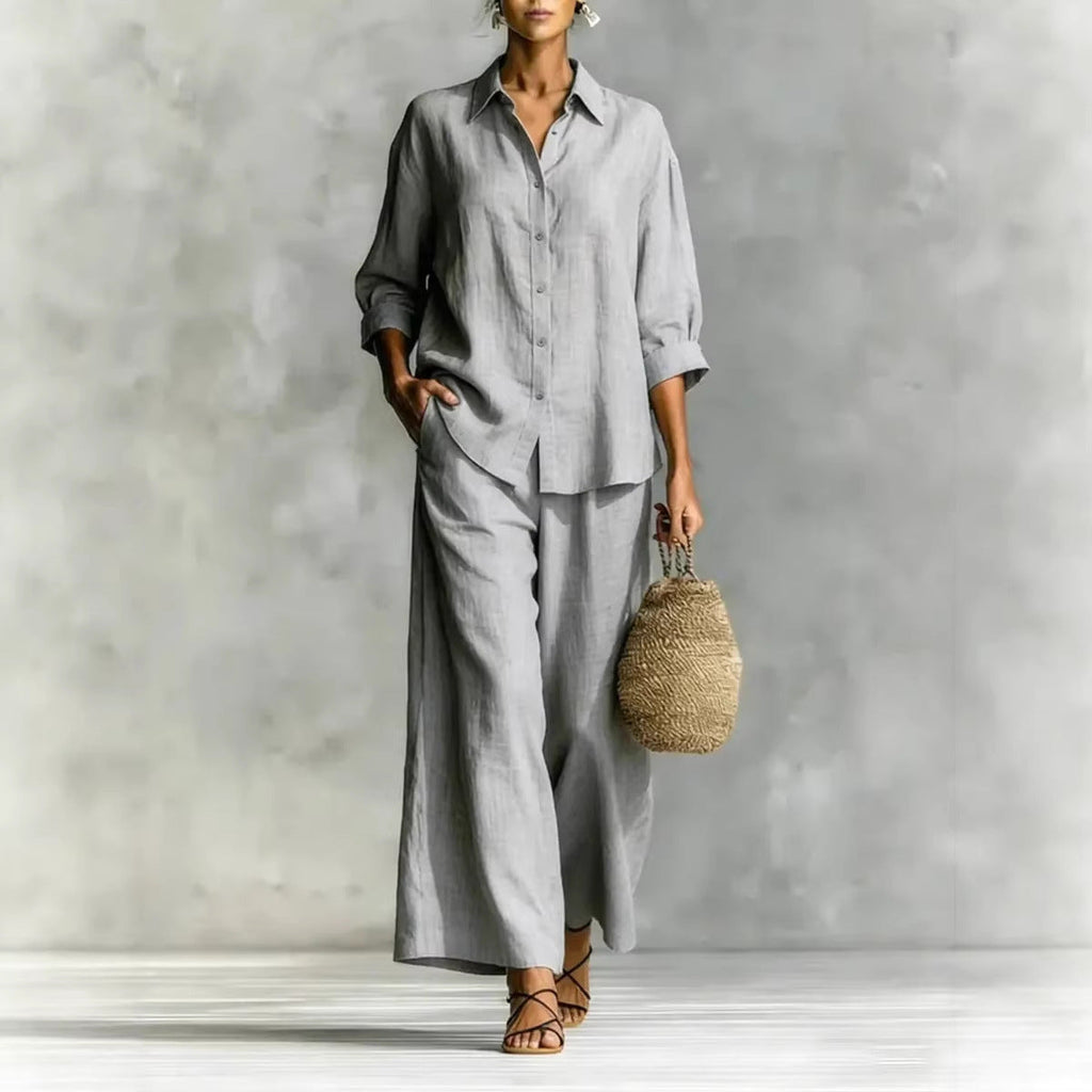 FitiqueFit cotton-linen shirt and wide-leg pants suit in multiple colors, casualwear outfit with relaxed fit and stylish design.