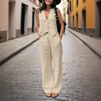Women’s V-neck button-front vest and high-waist pants set by FitiqueFit, casualwear with a stylish V-neck vest and matching high-waist pants.