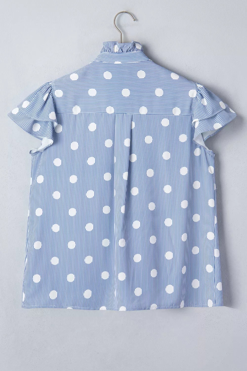 Plaid and polka dot print pleated ruffle sleeve shirt by Plush Fashion Hub, featuring contrast patterns and stylish design.