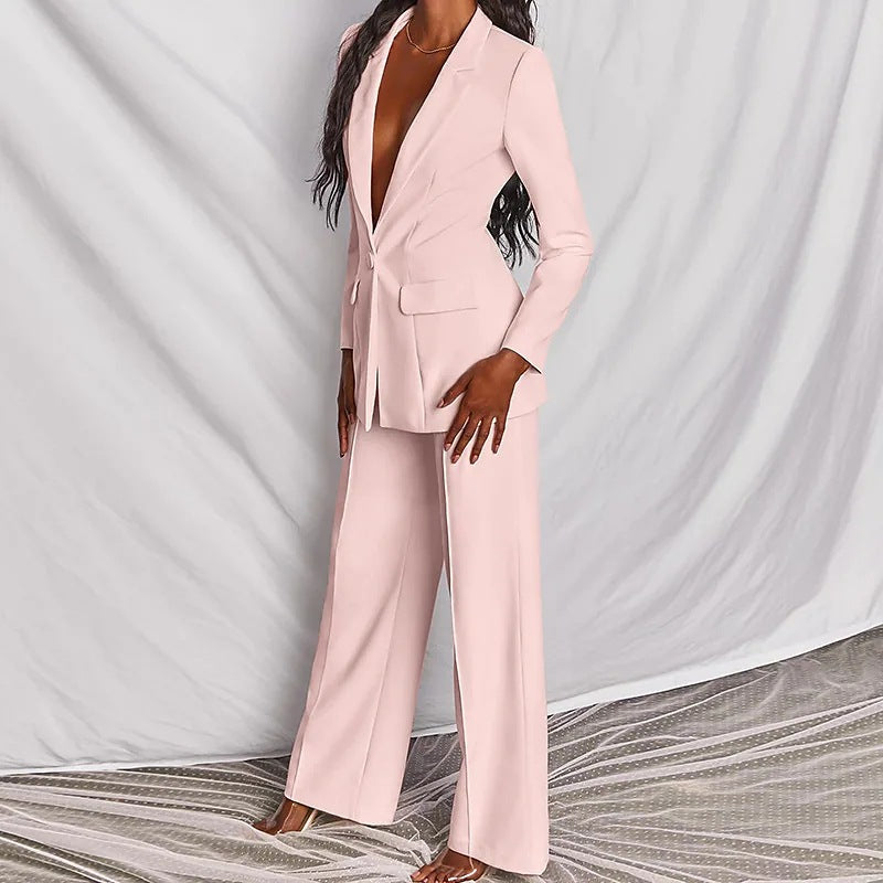 Women's FitiqueFit professional blazer and trousers suit set, long sleeve, full-length, tailored for a polished business look.