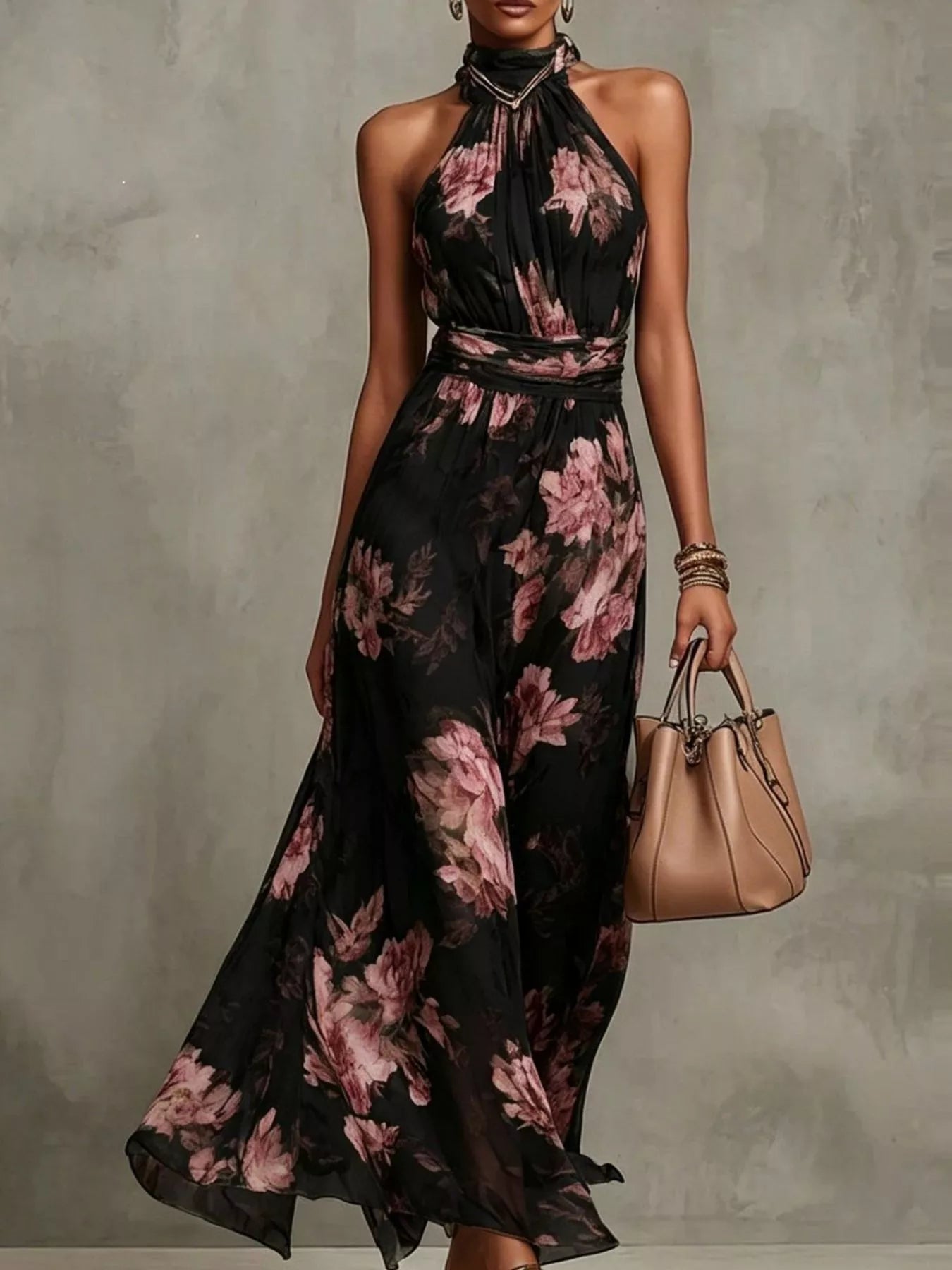 Plus size floral print sleeveless maxi dress from Trendsi, featuring a vibrant floral pattern and flowing full-length design.