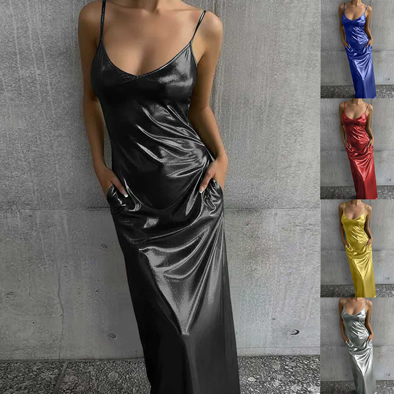 Textured mirror-finish U-neck slip maxi dress with pockets by FitiqueFit, featuring a casual relaxed fit and stylish design.