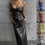 Textured mirror-finish U-neck slip maxi dress with pockets by FitiqueFit, featuring a casual relaxed fit and stylish design.