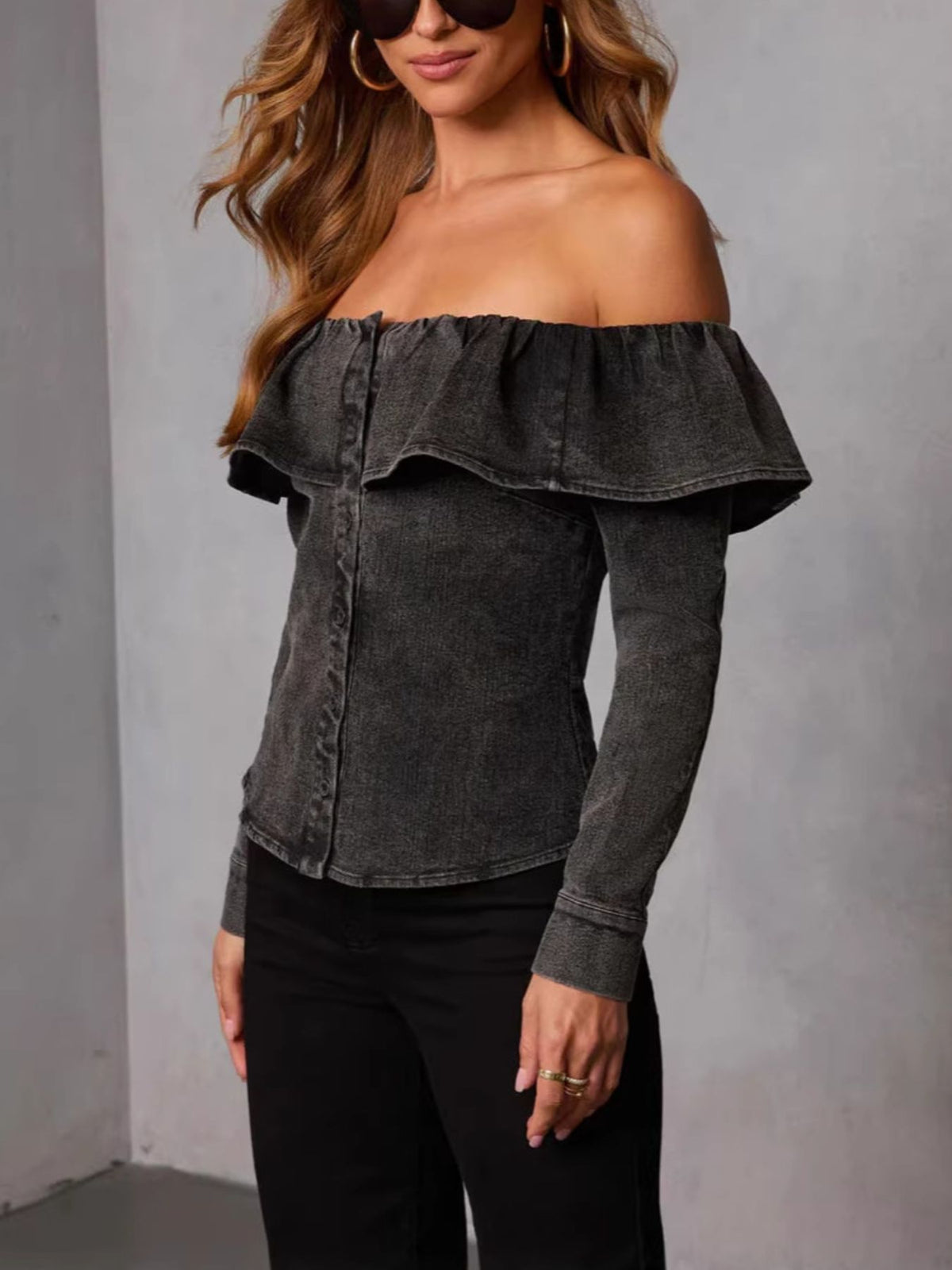 Women’s off-shoulder ruffled denim blouse in soft casual blue, from Plush Fashion Hub, featuring a stylish trendy top.