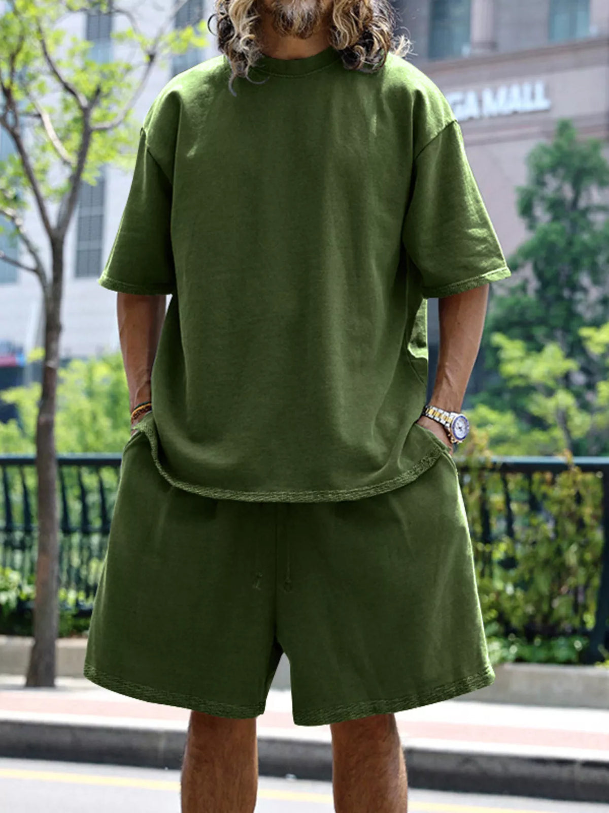 Men's relaxed fit T-shirt and shorts set by Plush Fashion Hub, plus size casual tops and shorts for comfortable wear.