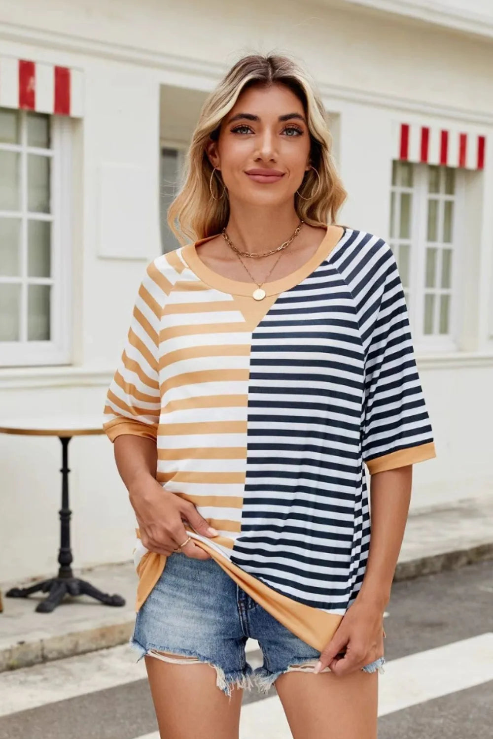 Striped round neck half sleeve T-shirt from Plush Fashion Hub, casual tops with a stylish striped pattern.