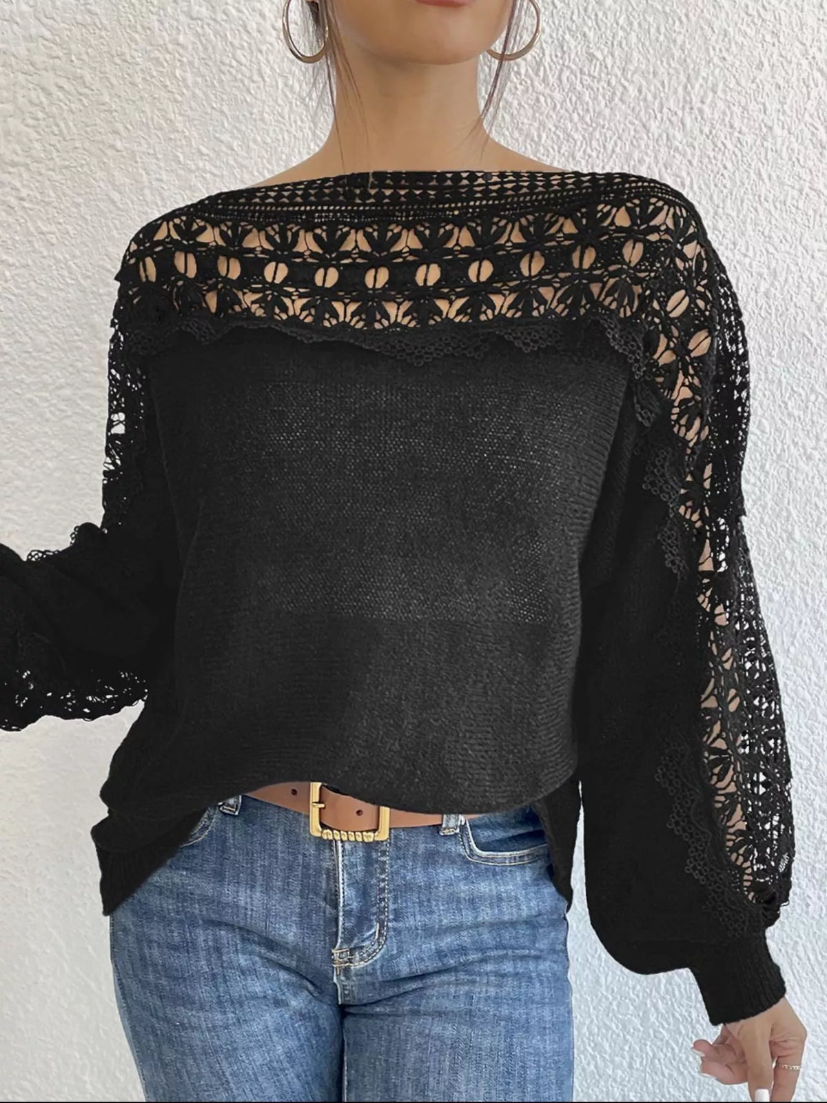 Crochet long sleeve sweater from Plush Fashion Hub featuring intricate knit pattern and cozy fit, displayed on a neutral background.
