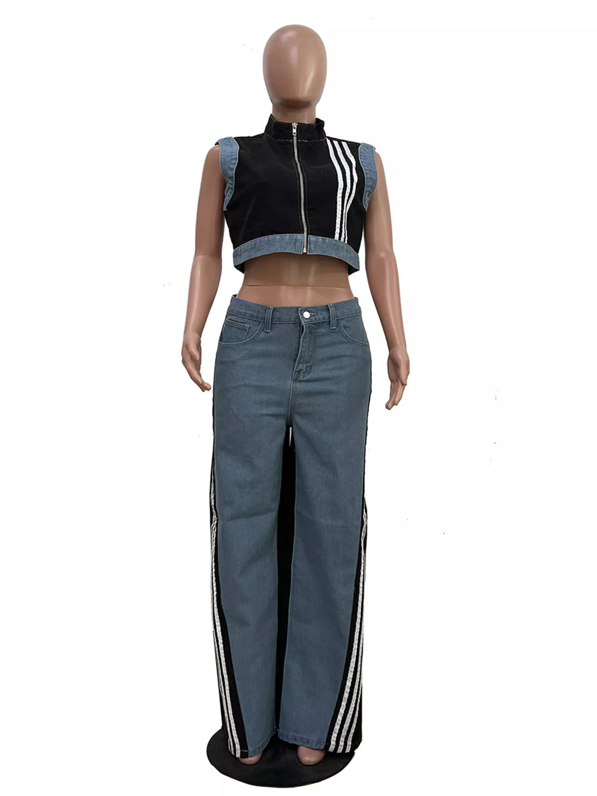 Zip front crop top and striped pants set by Plush Fashion Hub, featuring a trendy two-piece outfit with stylish details.