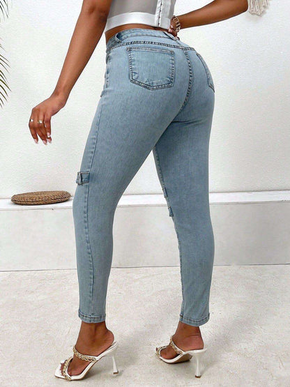 Decorative Buckle Skinny Jeans with Pockets - Plush Fashion Shop #