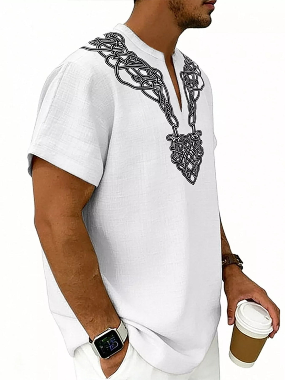 Men's plus size printed short sleeve blouse with notch collar by Plush Fashion Hub, featuring a vibrant pattern and comfortable fit.