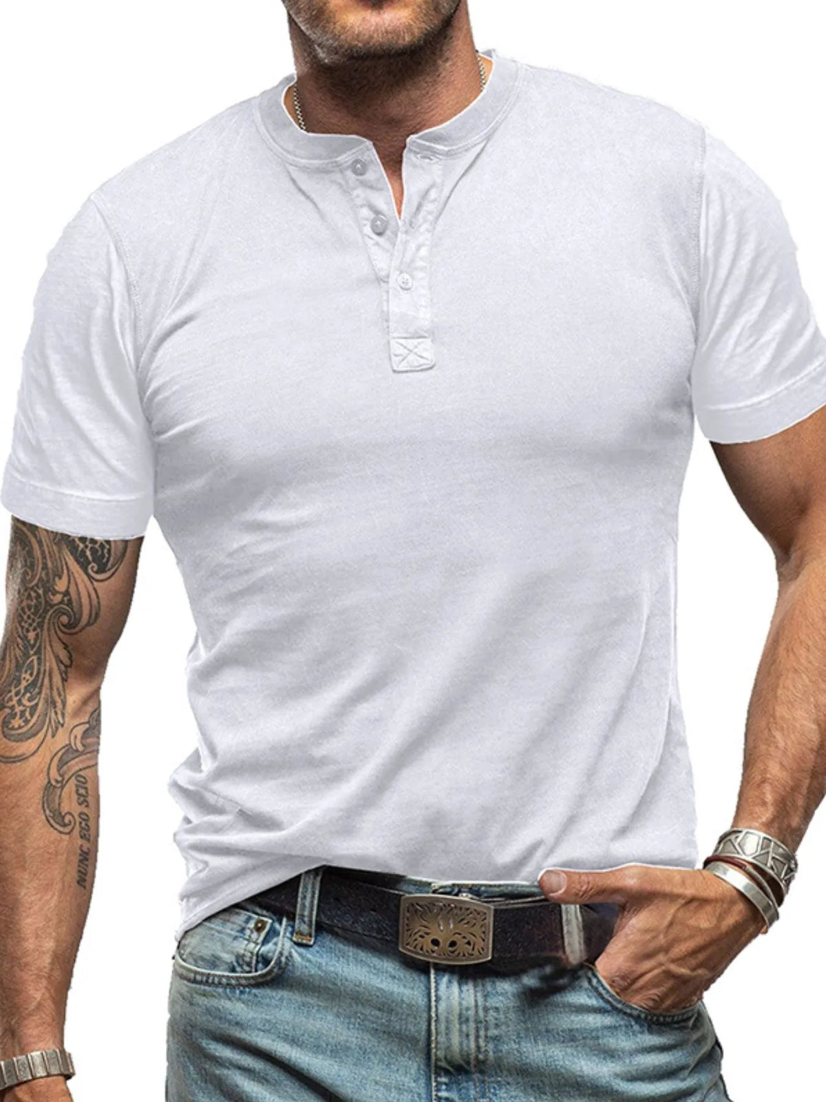 Men's classic henley short sleeve polo shirt by Trendsi, featuring a collar, buttons, and a comfortable fit in a casual style.