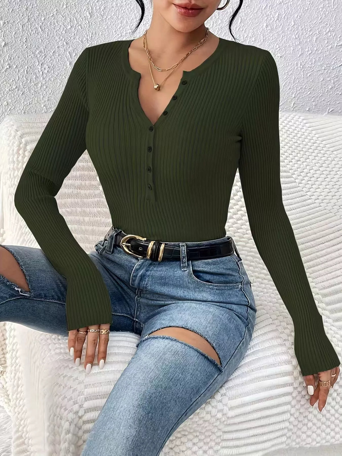 Simply Love ribbed knit button-front top, showcasing a fitted knit top with a ribbed texture and front buttons.