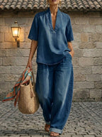 FitiqueFit retro washed denim V-neck top and wide-leg pants casualwear set in three colors, available in sizes S to 3XL.
