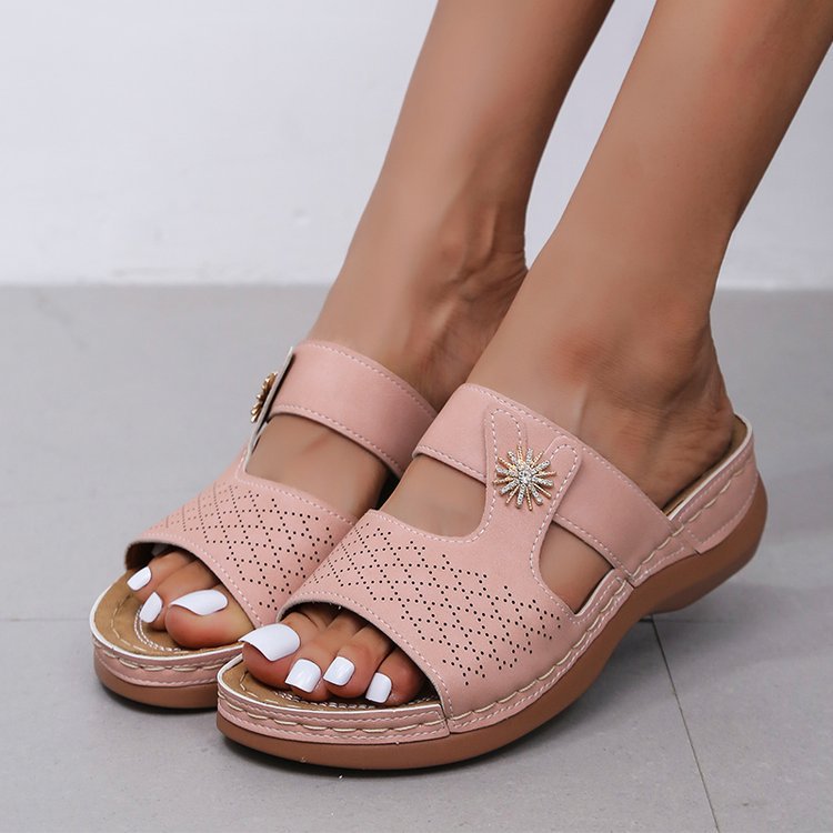 Embroidered Fish Mouth Women's Hollow Sandals with thick soles and open toe design, featuring floral embroidery and hollow details.