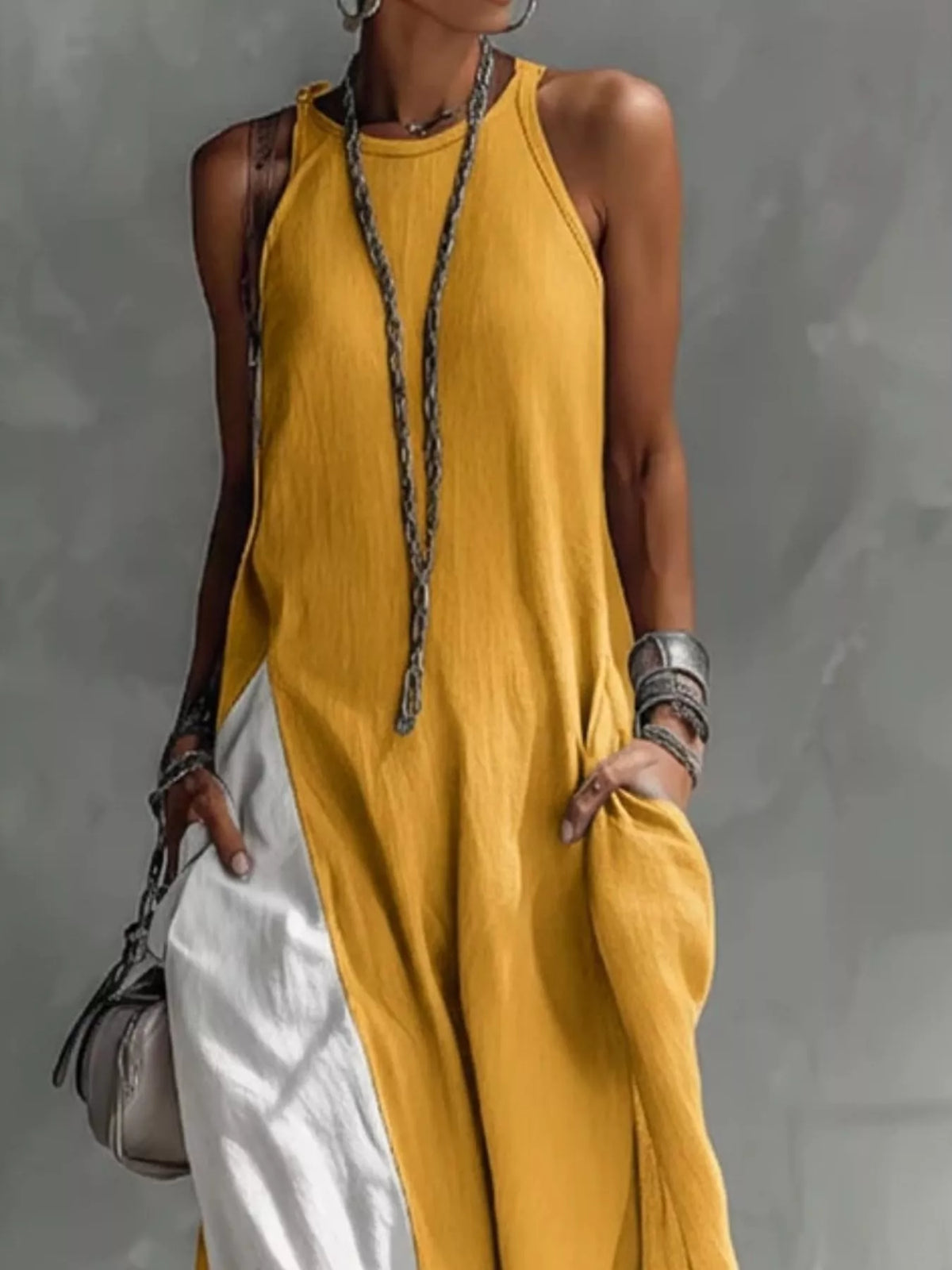 Two-tone sleeveless maxi dress by Plush Fashion Hub, elegant casual floor-length summer gown with a flowing design.
