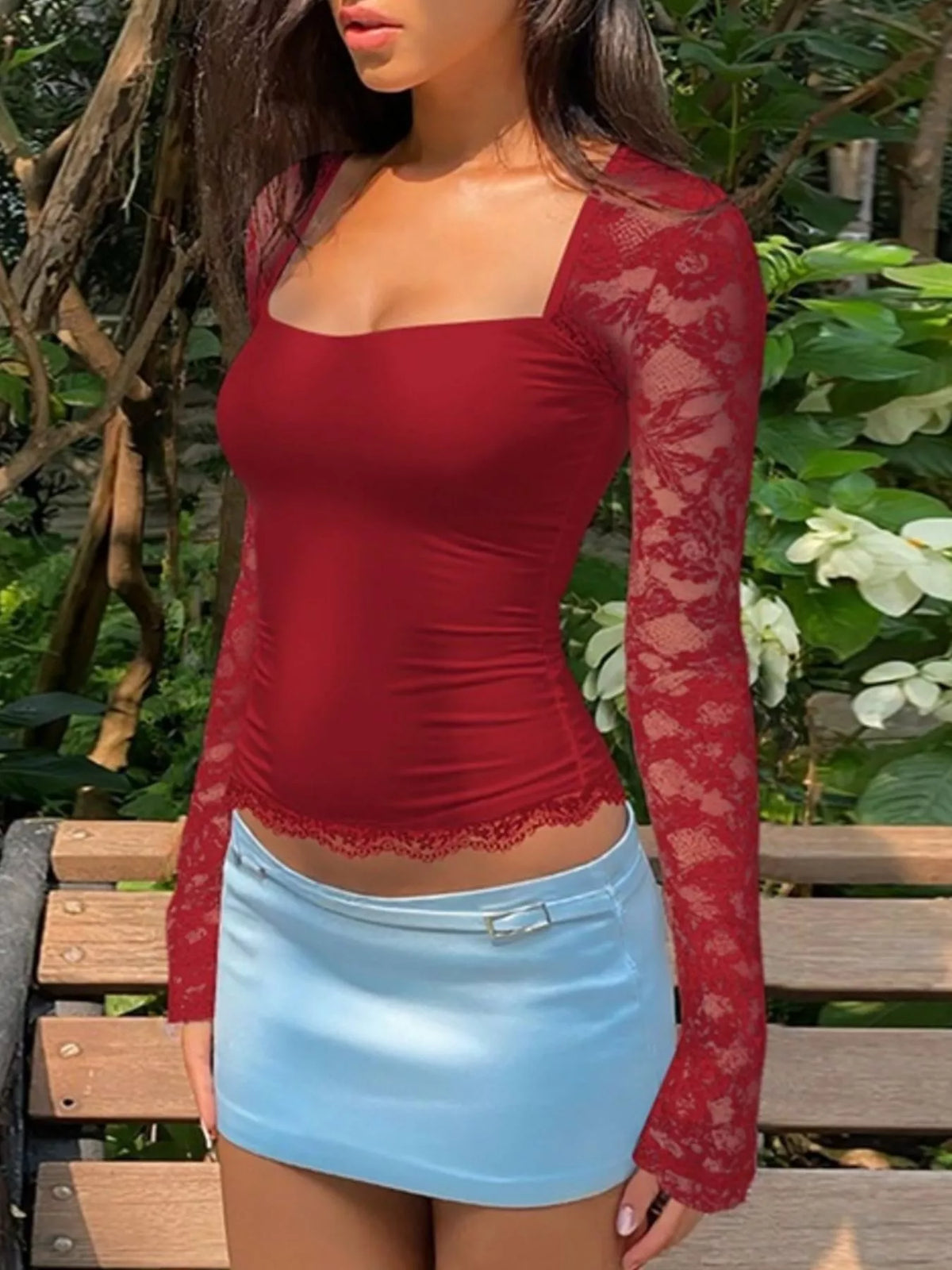 Sheer lace sleeve square neck t-shirt by Plush Fashion Hub, featuring a stylish design and lightweight fabric, perfect for casual wear.