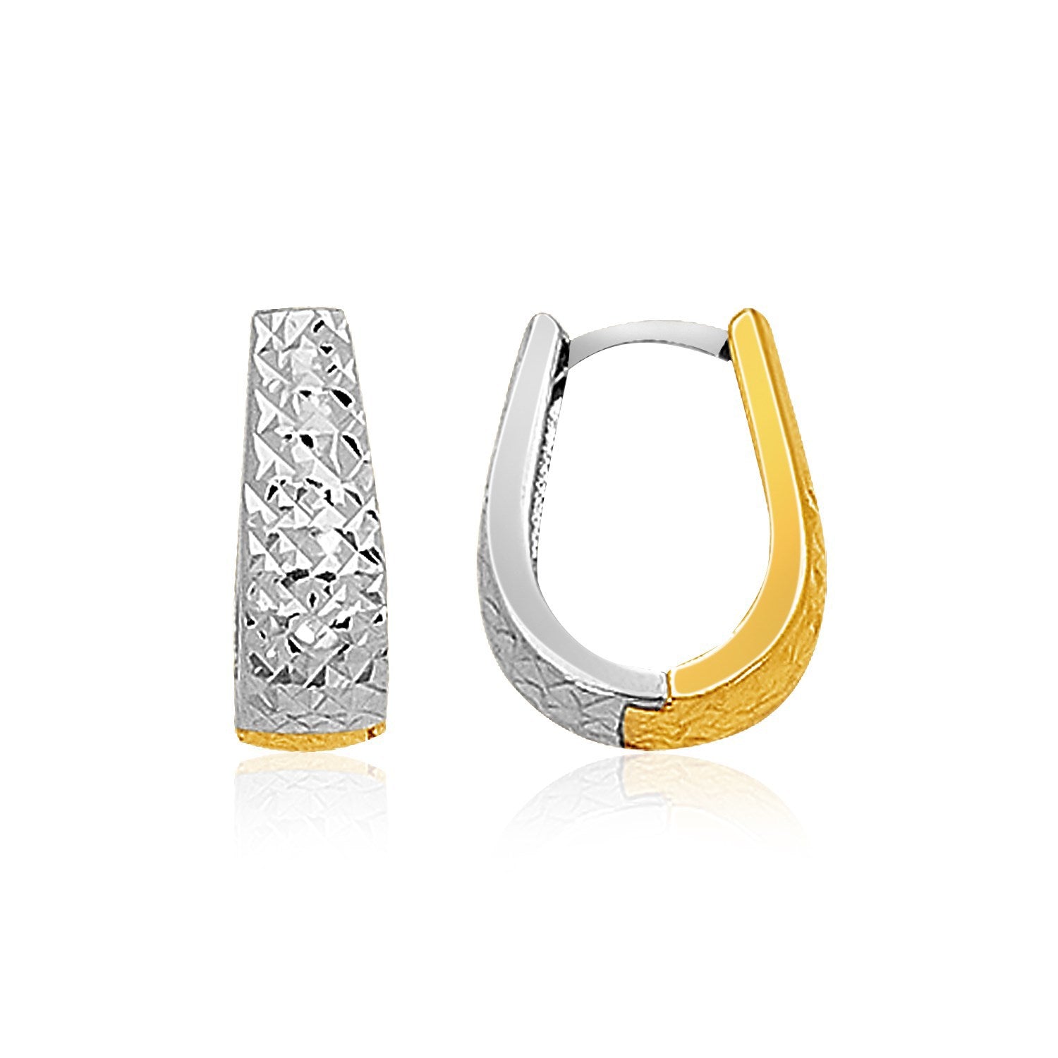 14k two-tone gold oval textured diamond-cut earrings showcasing elegant jewelry design and craftsmanship.