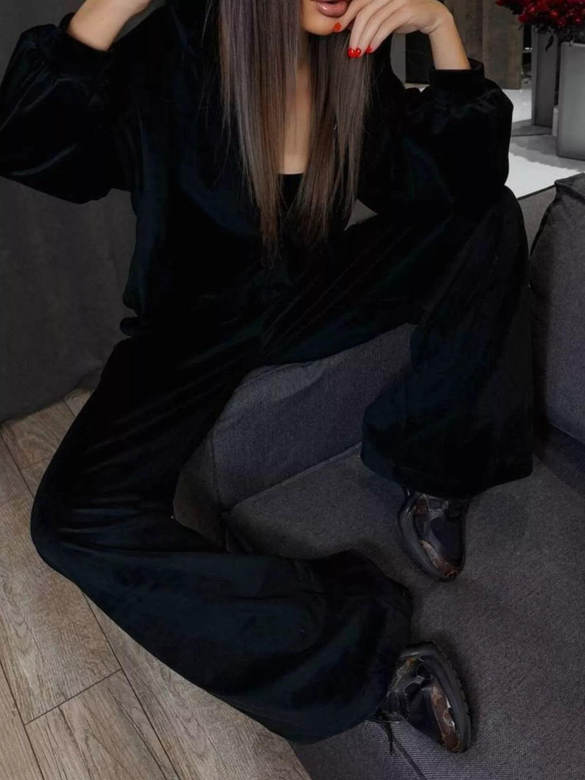 Plush Fashion Hub zip-up cropped outerwear and pants set, featuring a stylish matching top and bottom in a coordinated design.