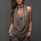 Women's slim-fit knit top with halterneck and V-neck, backless design, from FitiqueFit, perfect for casualwear.