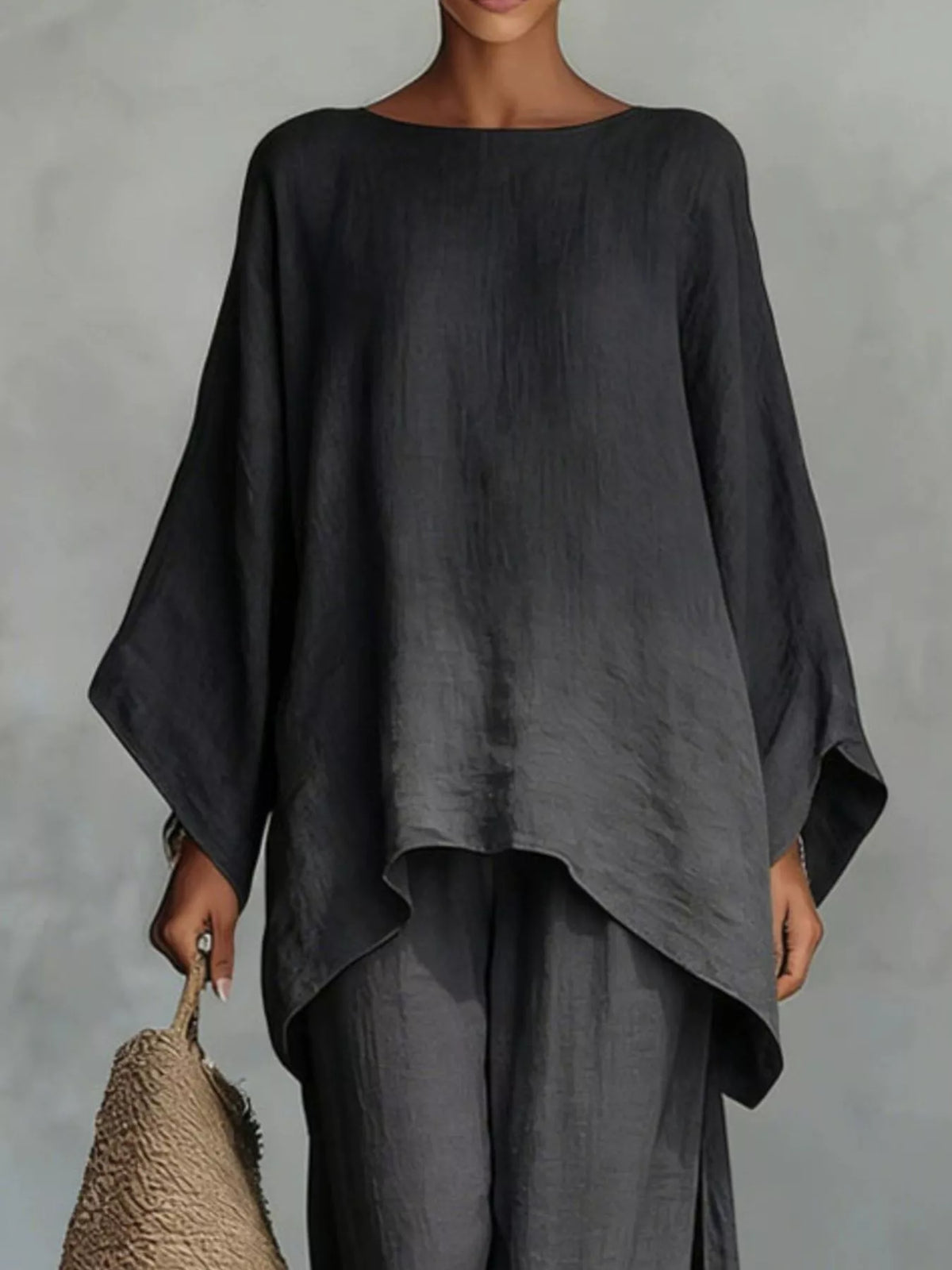 Plus size round neck top and wide-leg pants set by Plush Fashion Hub, featuring a comfortable and stylish matching pant set.