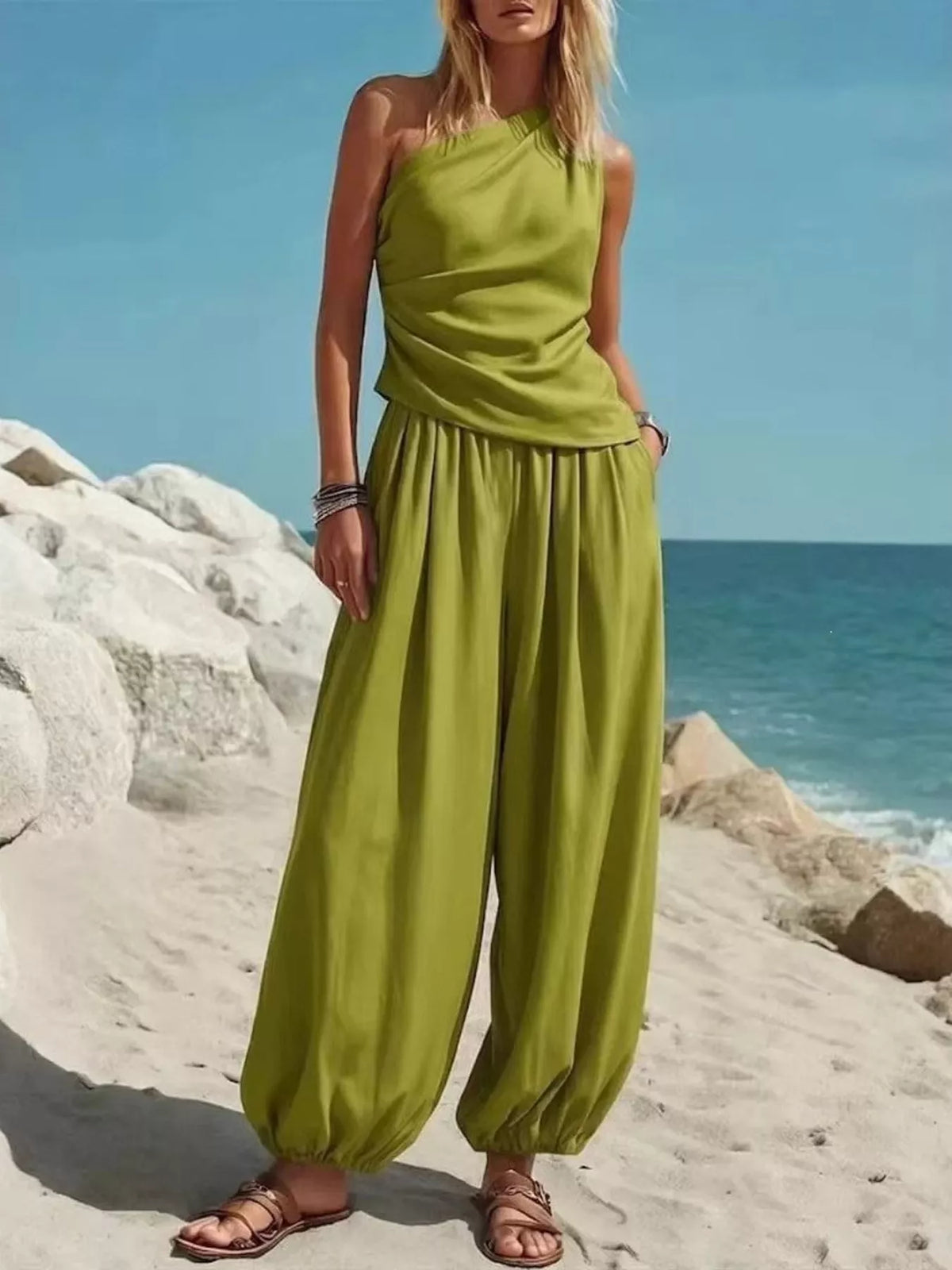 Plus size one-shoulder top and wide-leg pants set by Plush Fashion Hub, featuring a stylish, full-size women's fashion ensemble.