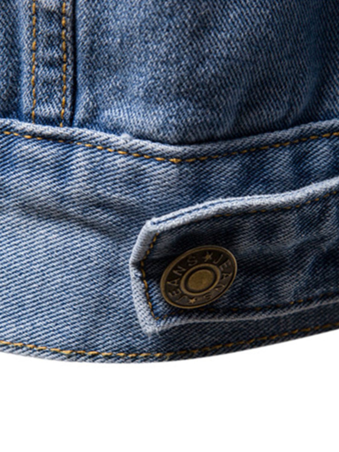 Men's long sleeve denim jacket with button-down front by Plush Fashion Hub, shown in classic blue denim fabric.