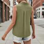 Women's solid-color sleeveless vest top with button detail, casualwear by Plush Fashion Hub, shown in a relaxed fit.