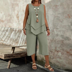 Casual solid-colored sleeveless top and cropped pants two-piece set by Plush Fashion Hub, stylish and comfortable casualwear.