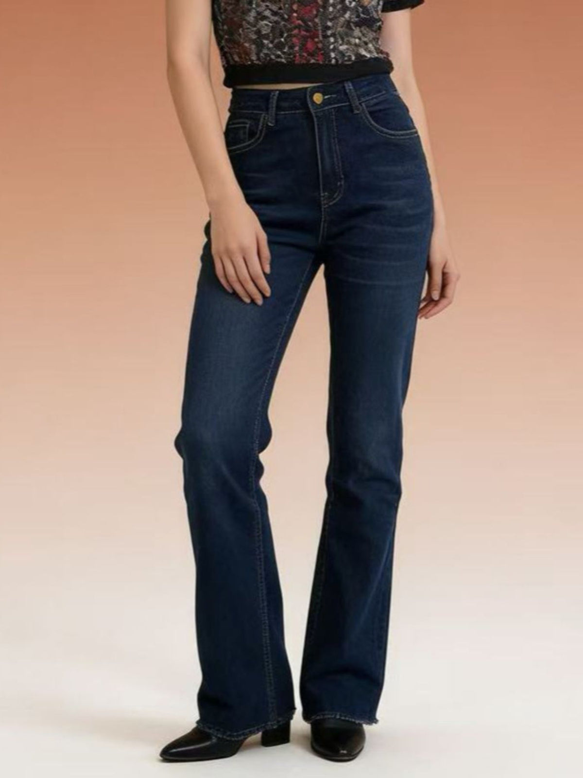 Plush Fashion Hub high-waisted bootcut denim jeans displayed on a model, showing fit and style in a casual setting.