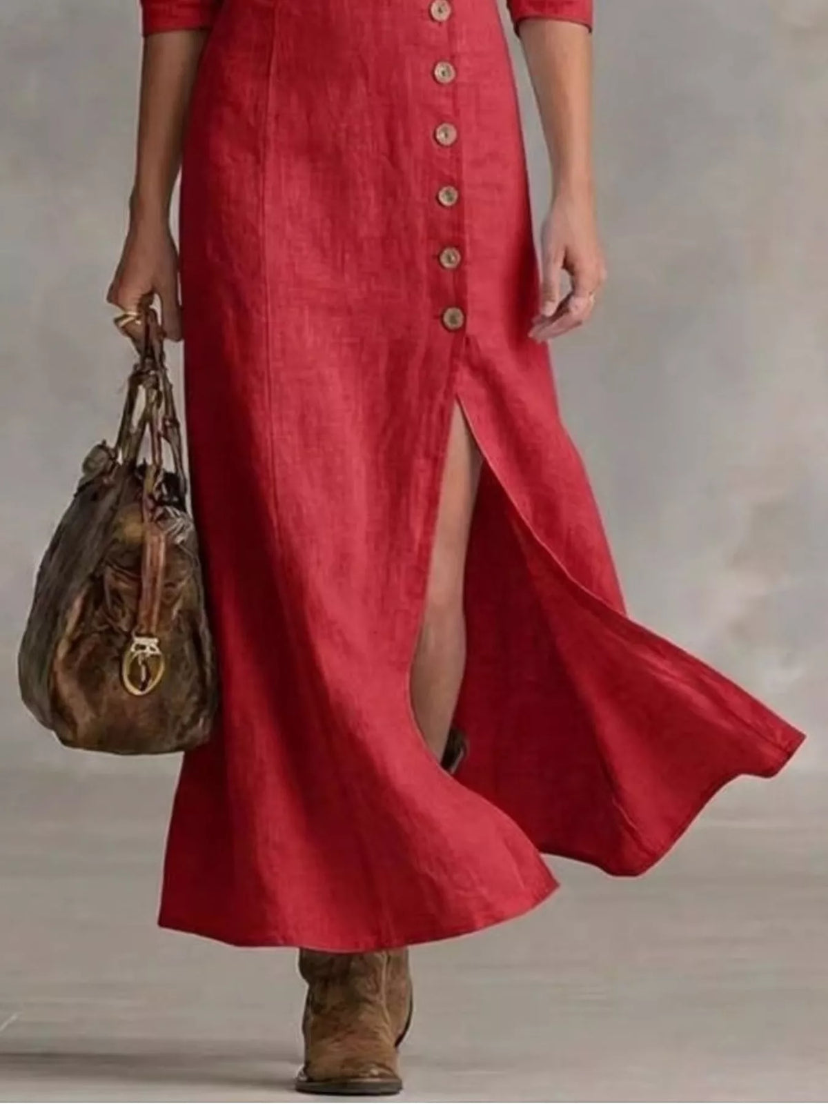 Plus size full-length maxi dress with button front and slit, by Plush Fashion Hub, showcasing a flowing fabric and stylish design.