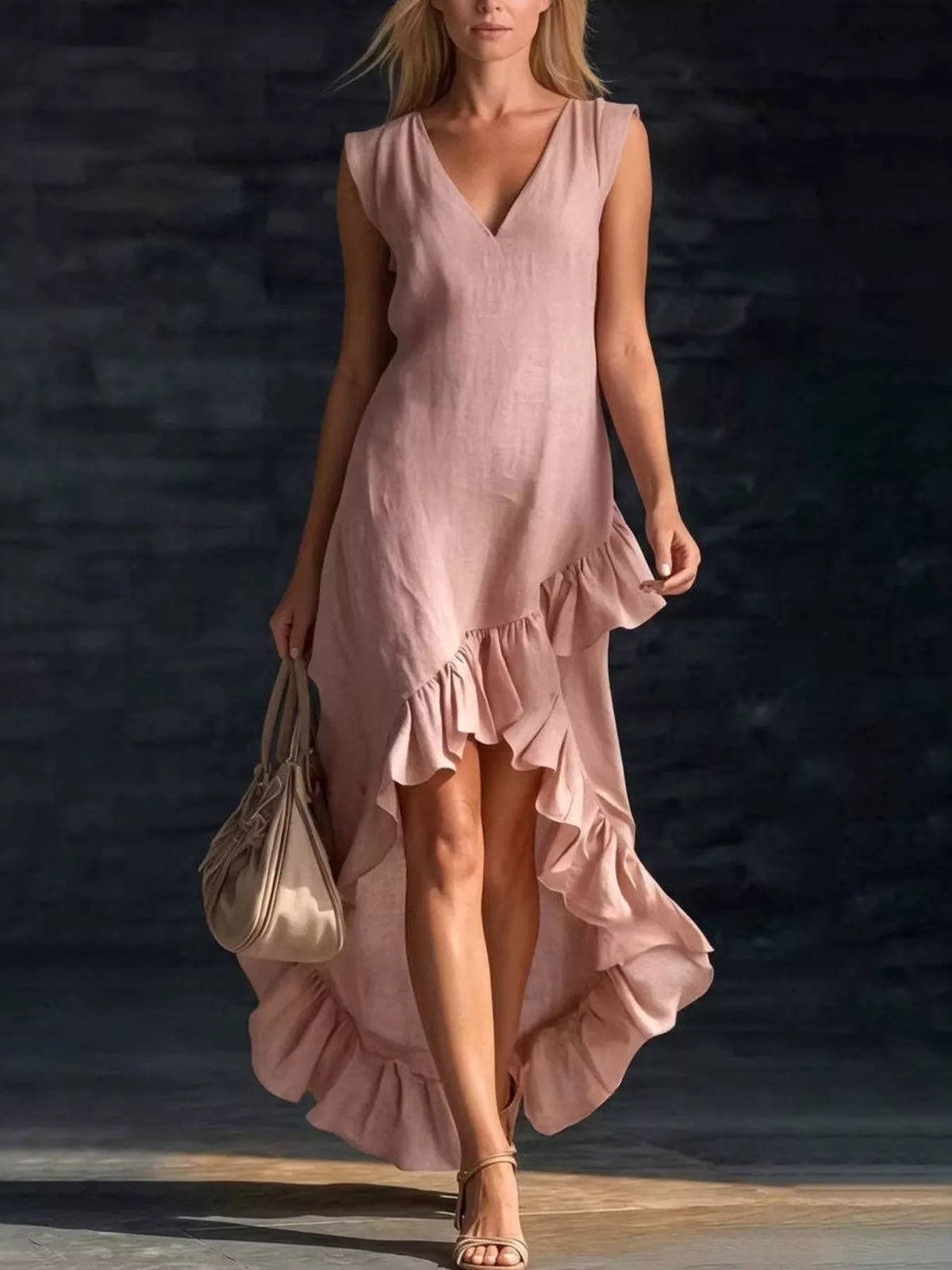 Plus size V-neck ruffle hem high-low dress by Plush Fashion Hub, featuring a flowing fabric and elegant design.