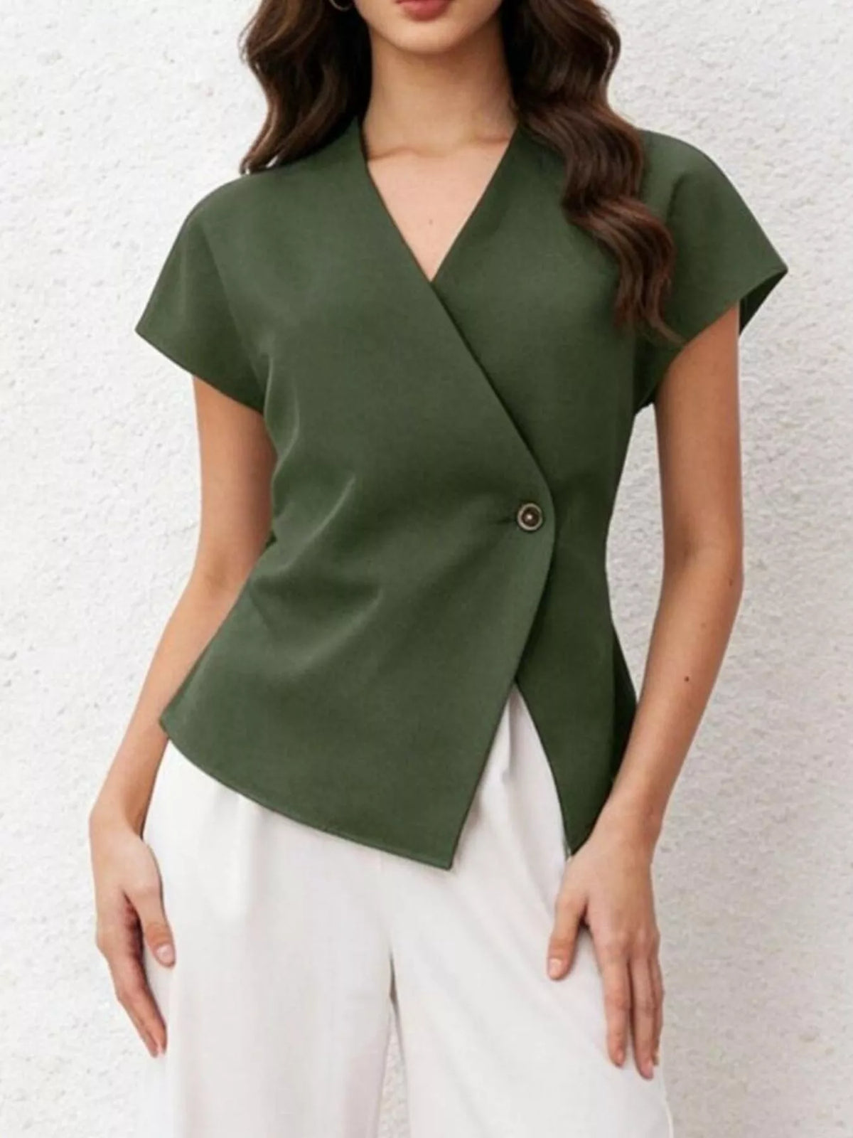 Plush Fashion Hub wrap-front one-button shirt in soft fabric, featuring a stylish front wrap design and a single button closure.