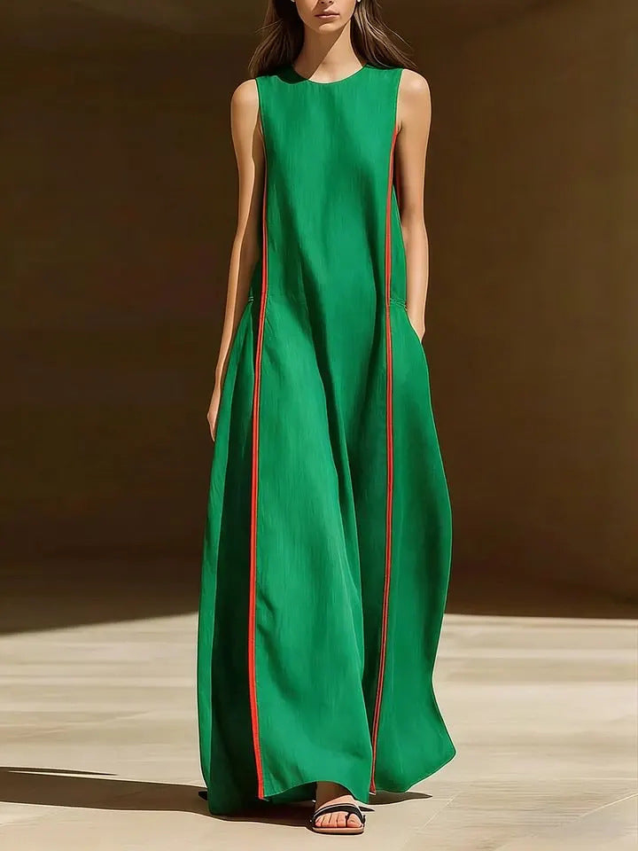 Women's linen sleeveless striped maxi dress by FitiqueFit, featuring a loose fit and casual style, perfect for warm weather.