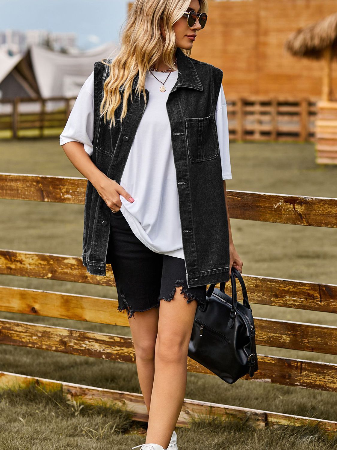 Light blue button-down denim vest from Plush Fashion Hub, featuring front pockets and classic collar detail.