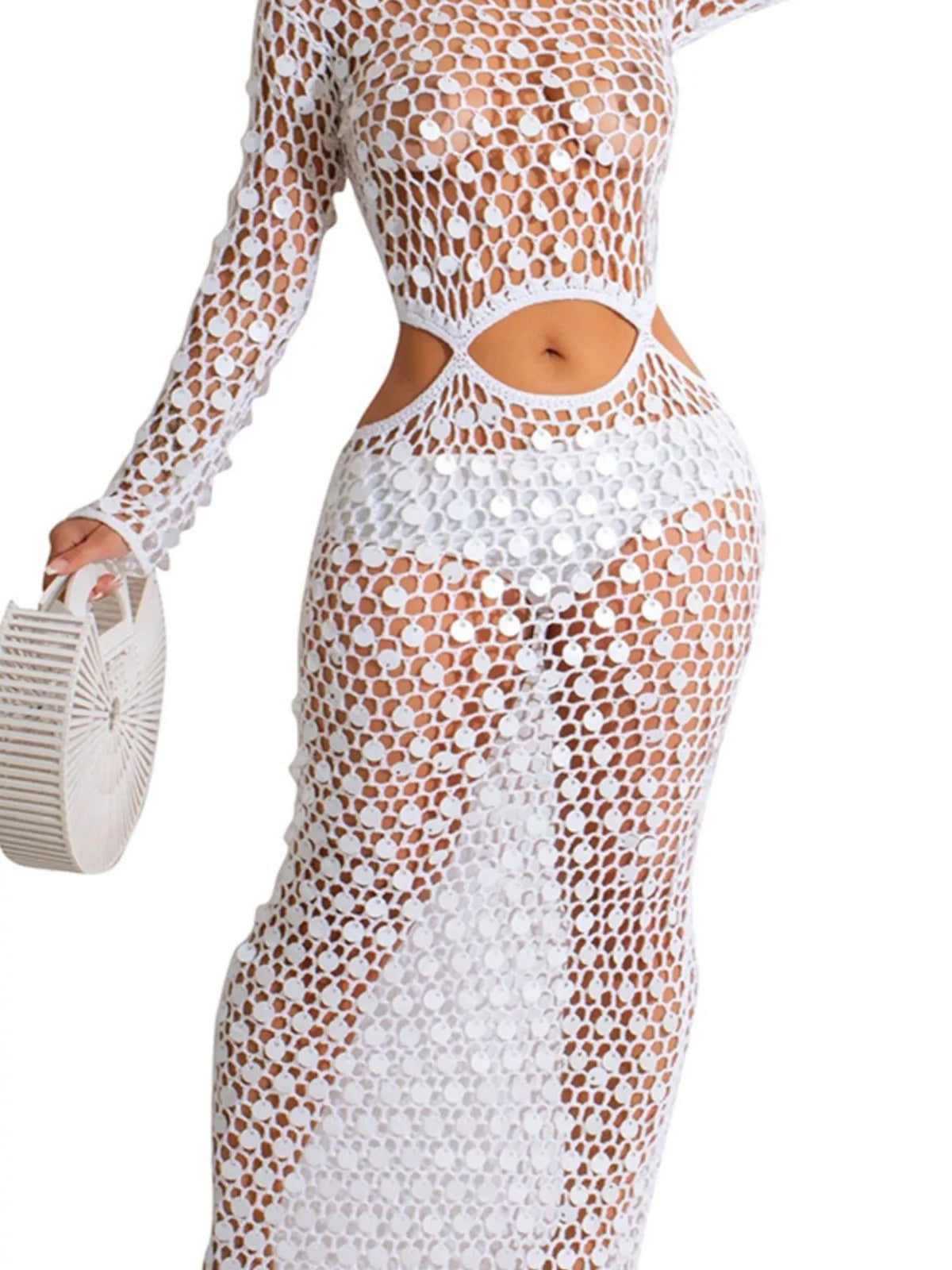 Plush Fashion Hub sequin mesh maxi dress with cutout design, featuring a glamorous and stylish evening wear look.