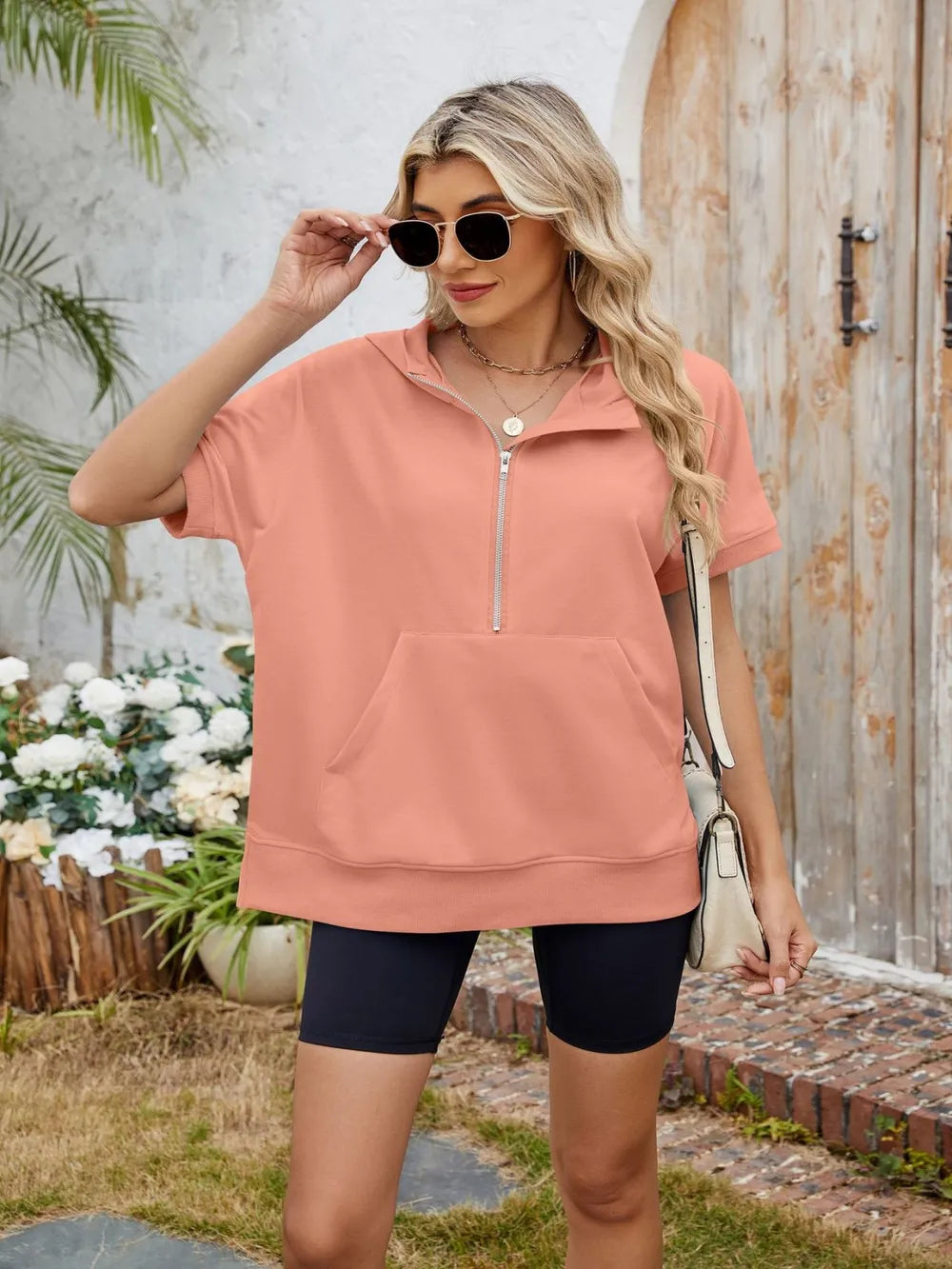 Plush Fashion Hub short sleeve hooded half zip top, casual tops with a hood and half zipper, lightweight and comfortable.