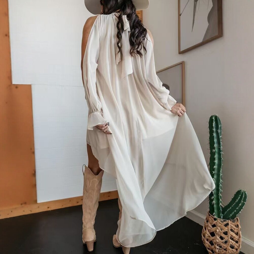 FitiqueFit high neck asymmetric maxi chiffon dress with long sleeves, loose fit casualwear in elegant design.