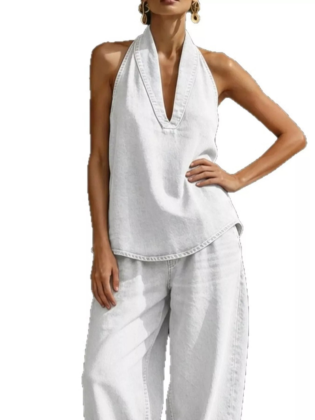 Plus size women's halter neck top and wide-leg pants two-piece set by Plush Fashion Hub, stylish dress with a relaxed fit.