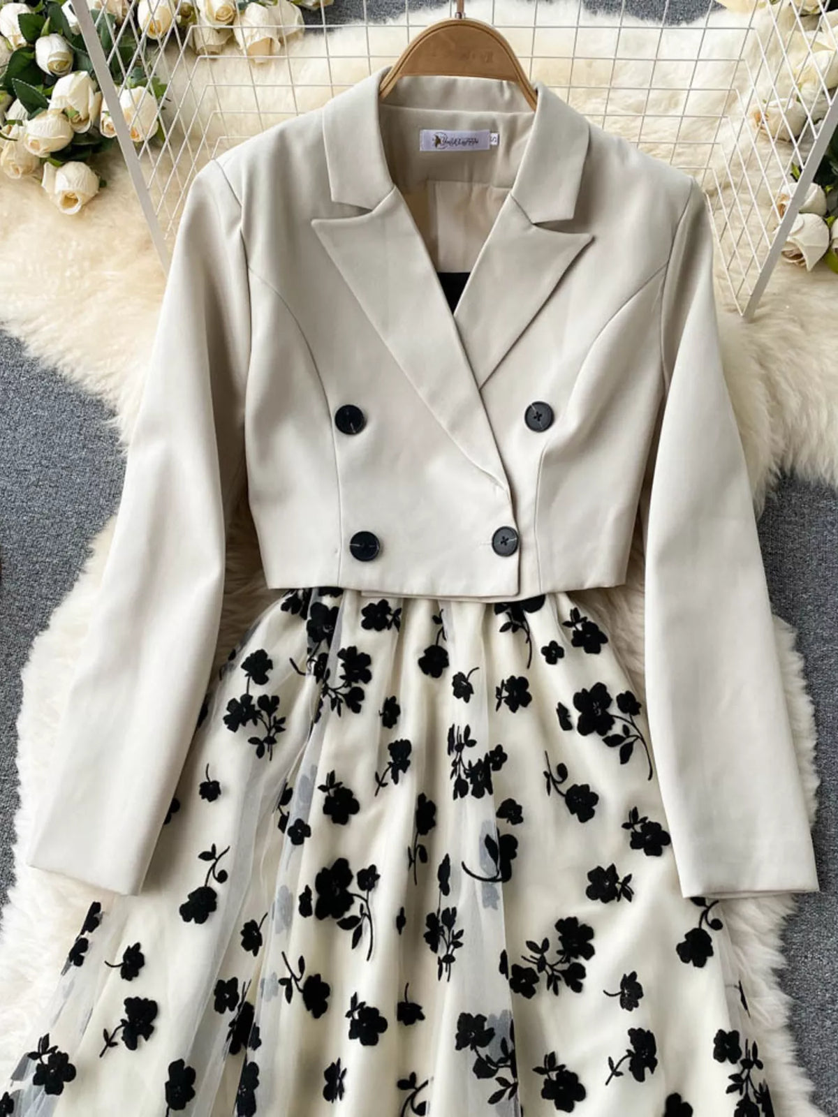 Elegant floral mesh two-piece dress and blazer set by Plush Fashion Hub featuring intricate floral details and a stylish, modern fit.