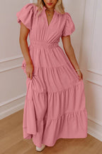 Women's floral ruffled tiered puff sleeve maxi dress featuring an elegant long design by Trendsi.
