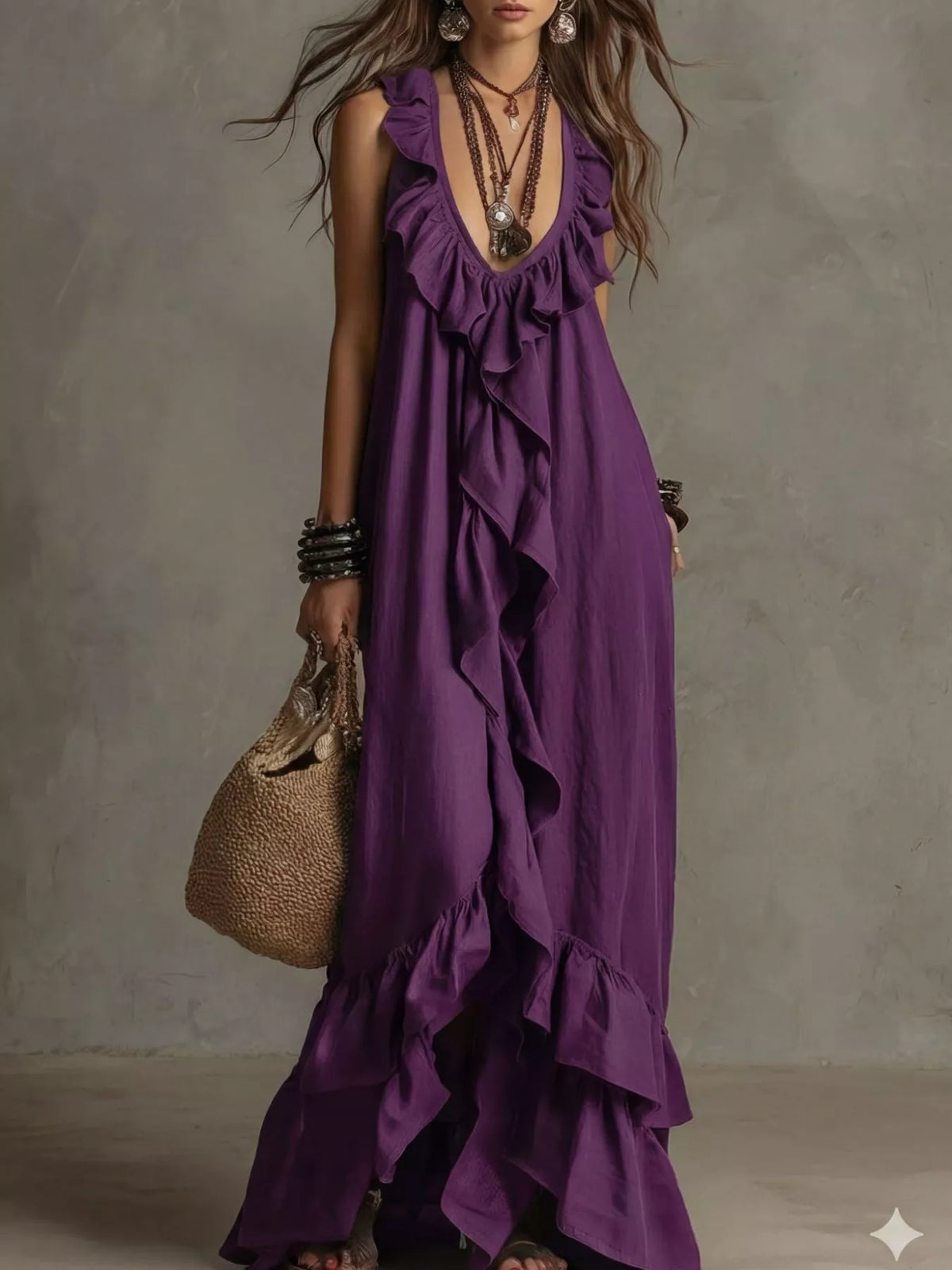 Ruffled sleeveless maxi dress by Plush Fashion Hub featuring flowing fabric and a stylish ruffled design.