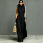 Women's FitiqueFit sleeveless midi dress with stand collar and single-breasted design, perfect for casual wear.