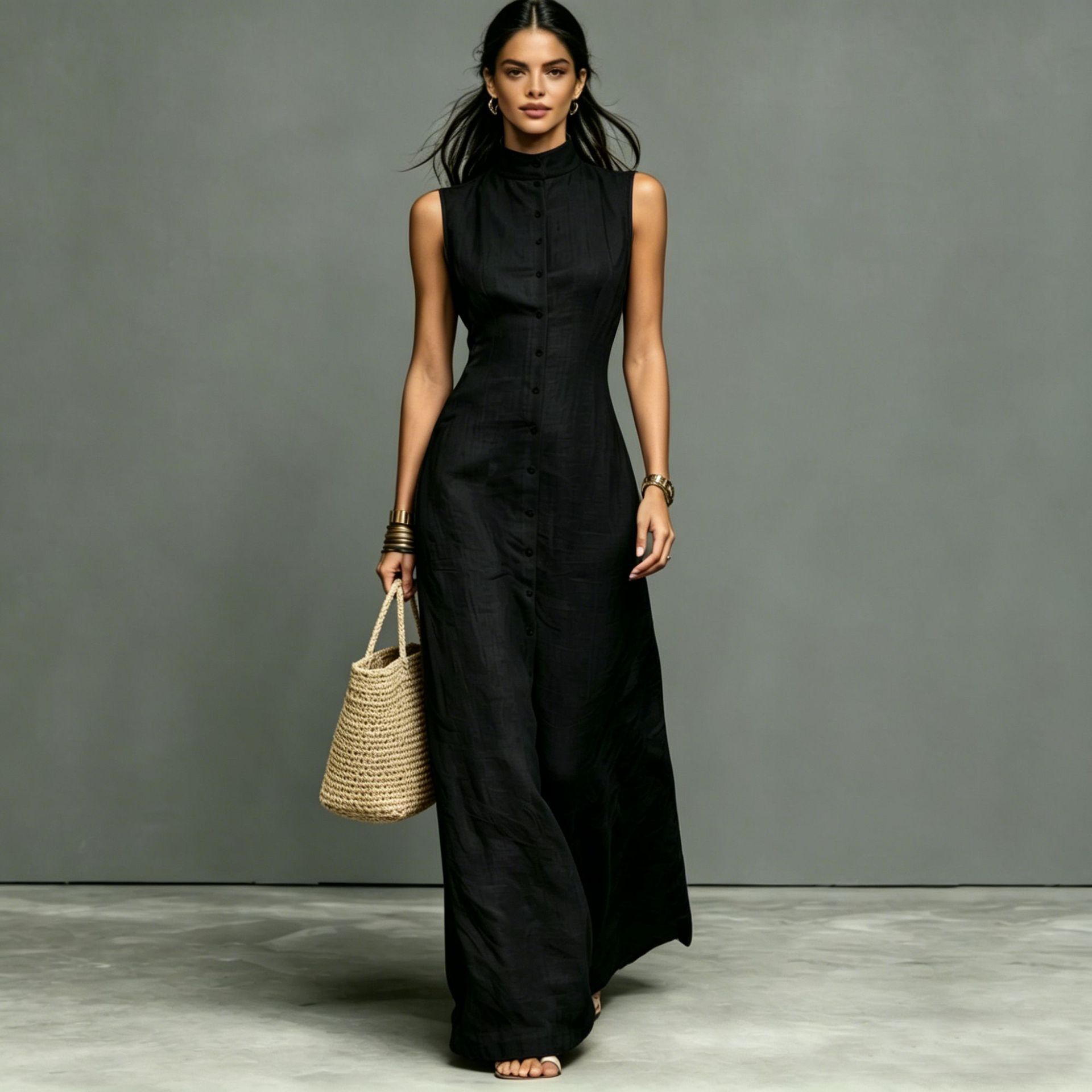 Women's FitiqueFit sleeveless midi dress with stand collar and single-breasted design, perfect for casual wear.