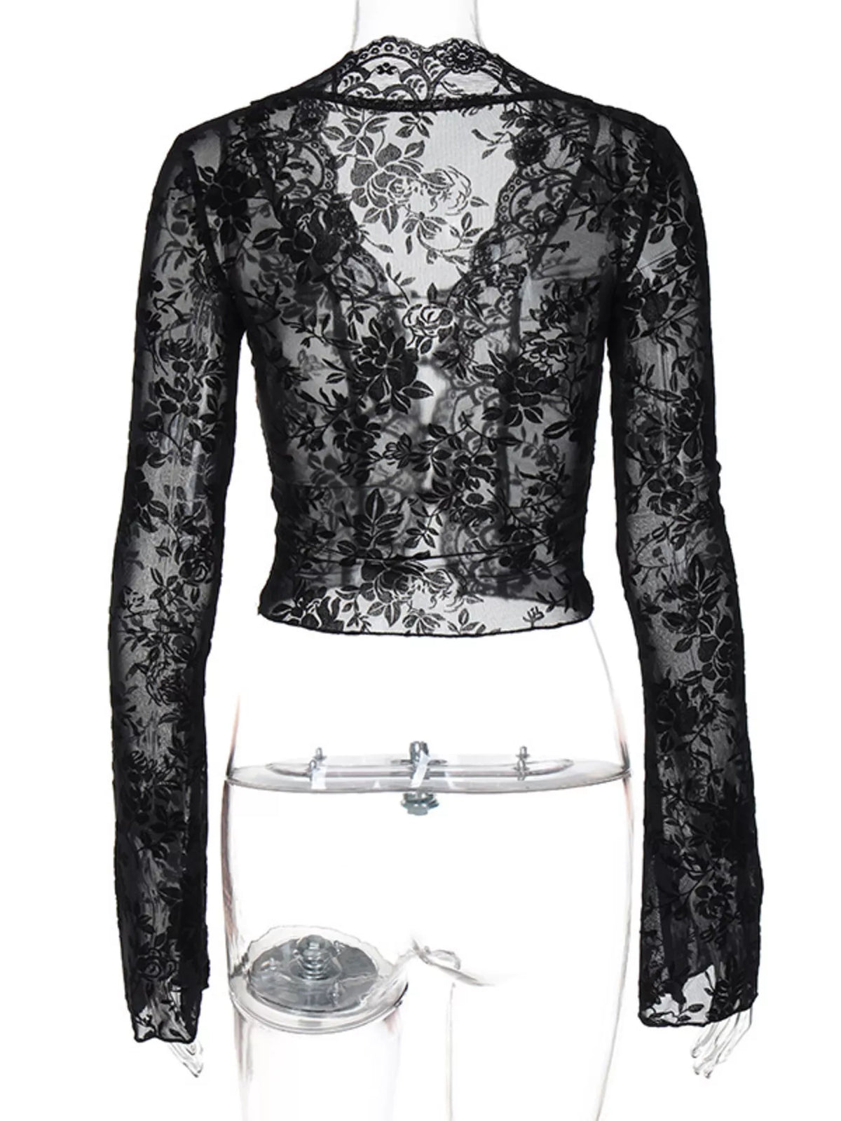 Plush Fashion Hub lace detail long sleeve top with elegant design and fitted silhouette, showcased on a model.