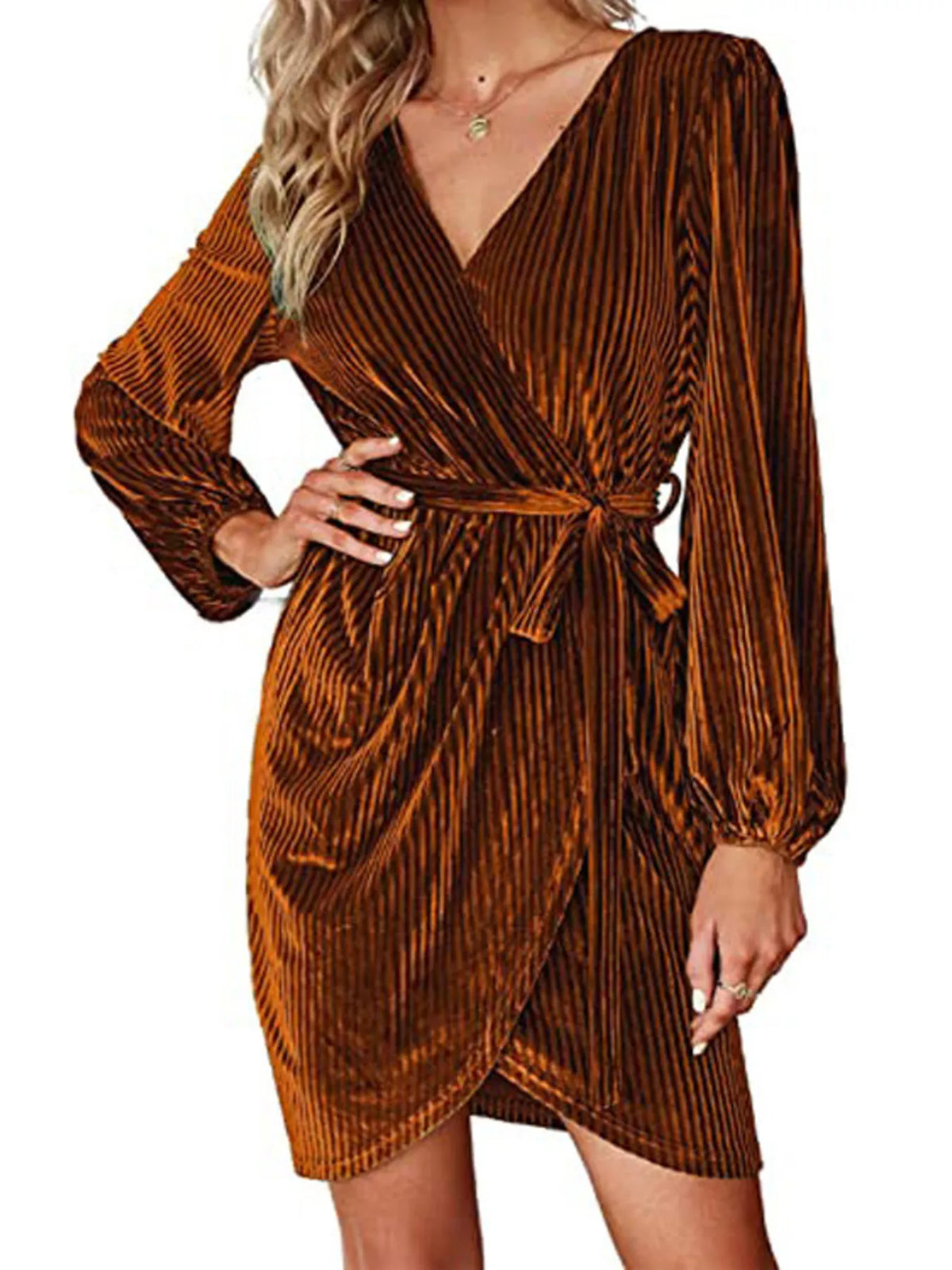Simply Love surplice long sleeve tie waist dress featuring a flattering V-neck and elegant silhouette.
