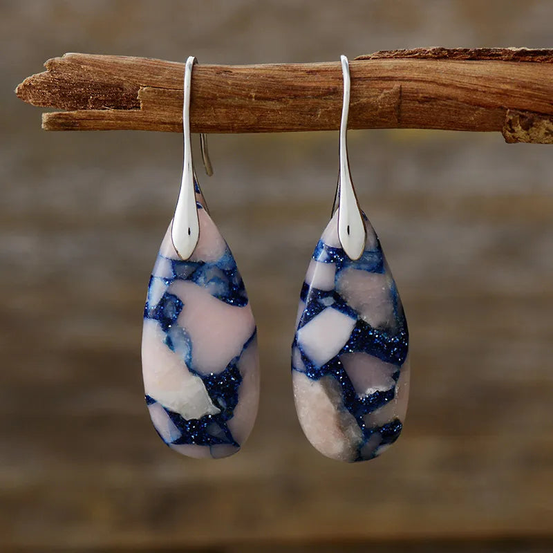 Natural stone teardrop dangle earrings from Plush Fashion Hub, showcasing elegant jewelry with smooth stone pendants and gold-tone hooks.