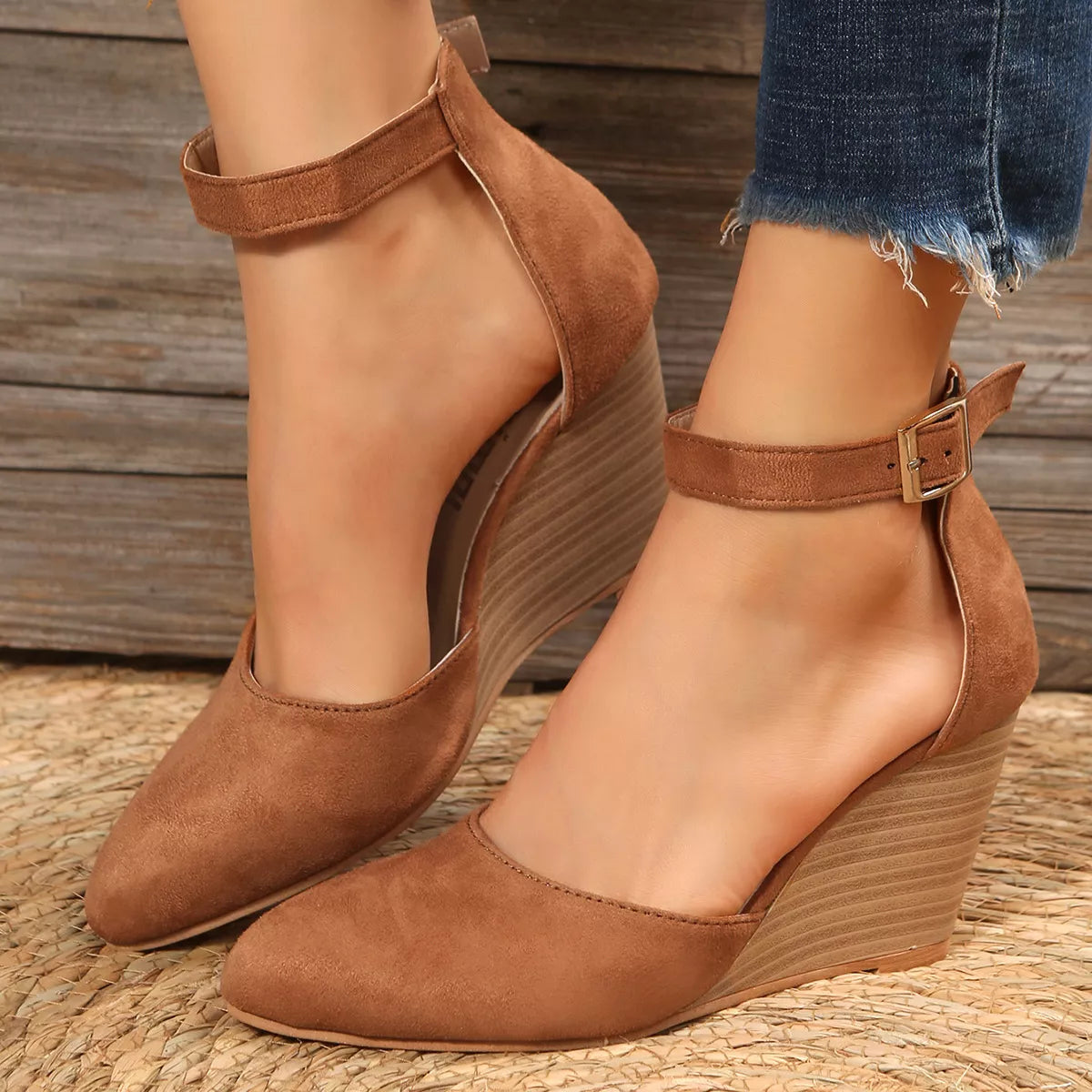 Plush Fashion Hub point toe wedge sandals featuring a sleek design with a comfortable wedge heel and stylish straps.