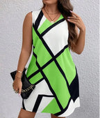 Geometric print women's V-neck sleeveless dress by Trendy Attic Store01, featuring a stylish and modern design.